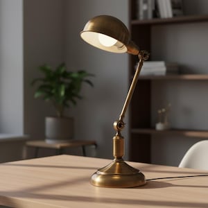 Könnte beinhalten: Eine Schreibtischlampe aus messingfarbenem Metall mit kuppelförmigem Schirm und verstellbarem Gelenkarm. Die Lampe verfügt über einen runden Fuß und eine einzelne Glühbirne, die ein warmes Licht für eine gezielte Beleuchtung der Arbeitsfläche abgibt.