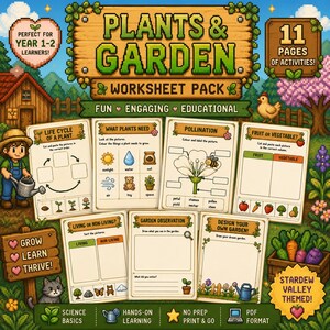 Puede incluir: Un paquete de hojas de trabajo digitales titulado Plants & Garden que incluye 11 páginas de actividades con gráficos de pixel art. Las páginas contienen ejercicios sobre ciclos de vida de plantas, polinización y observación de jardines.