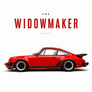 May include: A bright red sports car with black detailing and wheels, on a white backdrop. The text "THE WIDOWMAKER" is in bold red above the car, with "APEX" below. A classic car design.