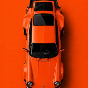 May include: Overhead view of a bright orange Porsche Turbo sports car on an orange background. The word "PORSCHE" is at the top, and "TURBO LAVA ORANGE" is at the bottom. The car has black accents.