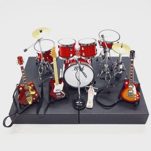 Miniature Red Drum Set with Guitars Stage | Rock Band Music Scene Decor | Musician Gift | Handmade Collectible Display 1/12