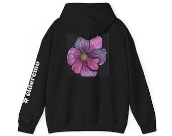 Sudadera con capucha rosa Cosmos Flower / Estampado floral en la espalda, manga con hashtag