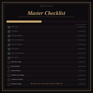 May include: A digital wedding checklist titled "Master Checklist" on a black background with gold accents. The checklist includes tasks like booking a venue, photographer, and caterer. The text "WOWVISION" is at the top.