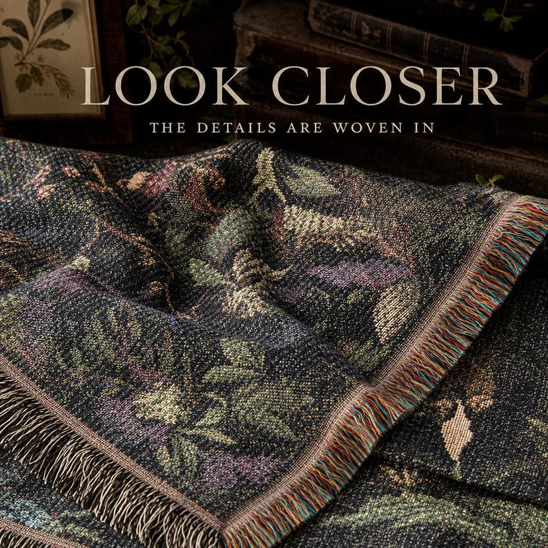 Poison Garden Woven Blanket, Gothic Botanical Throw, Dark Academia Decor, Vintage Floral Cottagecore Blanket, Witchy Moody Home Gift image 3