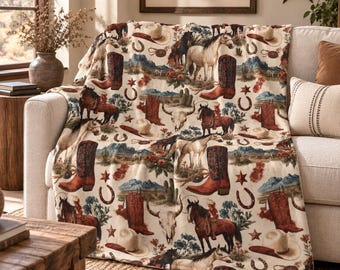 Western Blanket with Cowboy Boots and Horses, Cowgirl Sherpa Fleece Blanket, Western Home Decor, Ranch Throw, Rustic Cowboy Gift