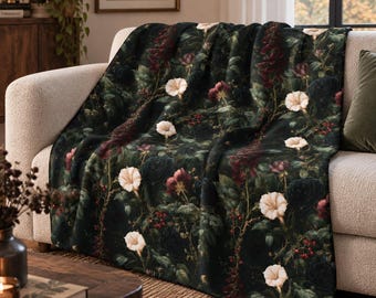 Gothic Botanical Blanket, Dark Floral Sherpa Fleece Blanket, Victorian Gothic Home Decor, Dark Academia Throw, Botanical Gift