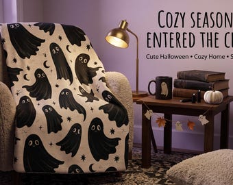 Ghost Blanket, Cute Halloween Sherpa Fleece Throw, Spooky Black Ivory Decor, Neutral Halloween Bedroom Blanket