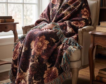 Burgundy Floral Woven Blanket, Vintage Cotton Throw, Rustic Botanical Cottagecore Decor, Fringe Bed Throw