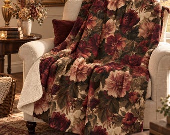 Burgundy Floral Blanket, Vintage Sherpa Fleece Throw, Rustic Botanical Cottagecore Decor, Cozy Floral Bed Throw