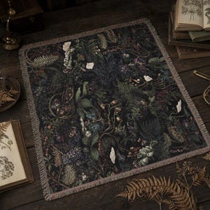Poison Garden Woven Blanket, Gothic Botanical Throw, Dark Academia Decor, Vintage Floral Cottagecore Blanket, Witchy Moody Home Gift image 4