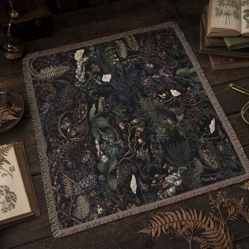 Poison Garden Woven Blanket, Gothic Botanical Throw, Dark Academia Decor, Vintage Floral Cottagecore Blanket, Witchy Moody Home Gift image 4