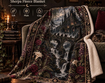 Castle Blanket, Gothic Fantasy Sherpa Fleece Throw, Medieval Dark Academia Decor, Cozy Fantasy Bedroom Blanket