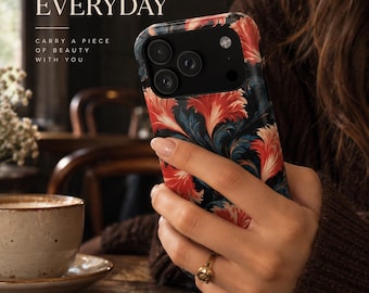 Dark Floral Phone Case, Vintage Marbled Flower iPhone Case, Coral Navy Tough Case, Magnetic Samsung Case