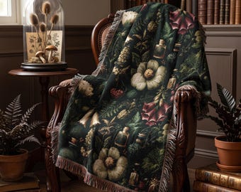 Victorian Botanical Woven Blanket, Carnivorous Plant Cotton Throw, Dark Academia Gothic Decor, Cottagecore Bed Throw