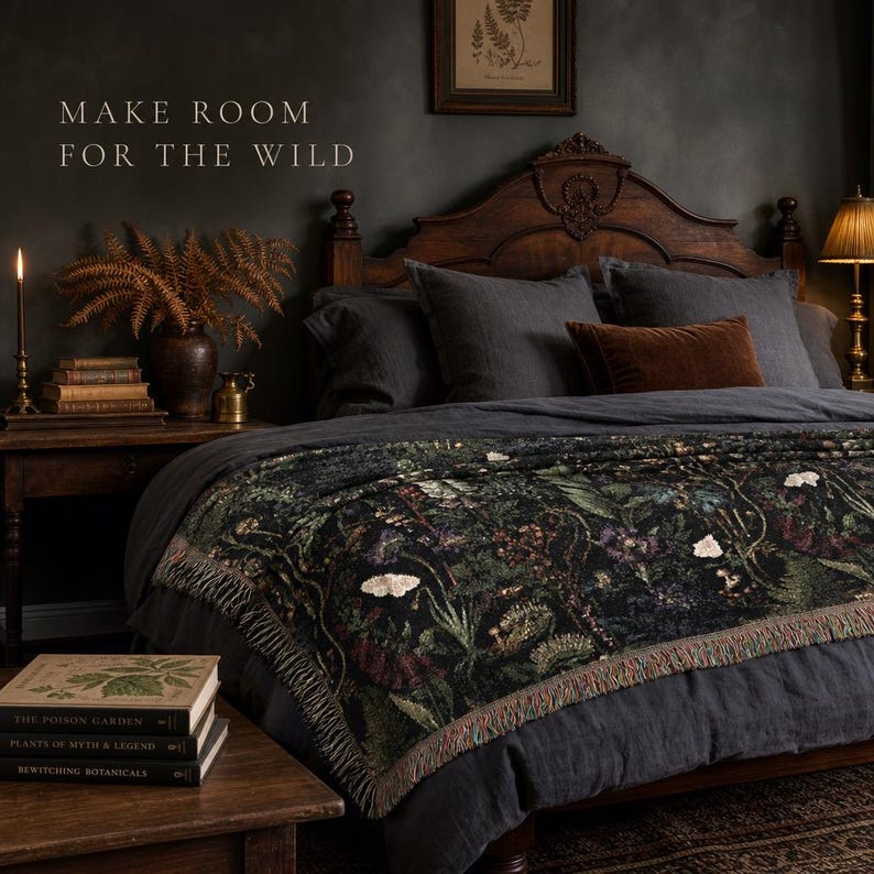 Poison Garden Woven Blanket, Gothic Botanical Throw, Dark Academia Decor, Vintage Floral Cottagecore Blanket, Witchy Moody Home Gift image 1