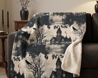 Gothic Christmas Blanket, Charcoal Toile Sherpa Fleece Throw, Victorian Dark Christmas Decor, Goth Winter Blanket