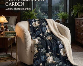 Moth Blanket, Dark Botanical Sherpa Fleece Throw, Night Garden Celestial Decor, Witchy Cottagecore Blanket