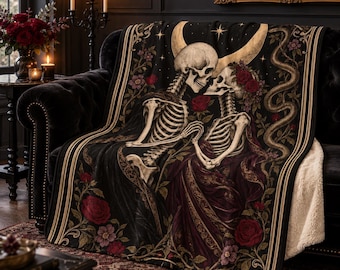 Skeleton Blanket, Lovers Tarot Blanket, Goth Couple Gift, Skeleton Lovers, Tarot Blanket, Witchy Blanket, Sherpa Fleece Throw