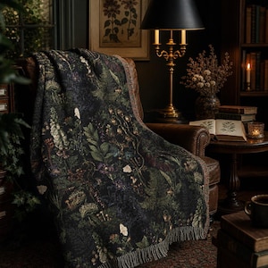 Poison Garden Woven Blanket, Gothic Botanical Throw, Dark Academia Decor, Vintage Floral Cottagecore Blanket, Witchy Moody Home Gift image 2