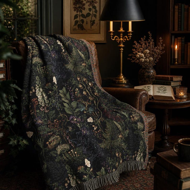 Poison Garden Woven Blanket, Gothic Botanical Throw, Dark Academia Decor, Vintage Floral Cottagecore Blanket, Witchy Moody Home Gift image 2