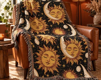 Sun and Moon Woven Blanket, Celestial Tapestry, Sun Moon Tapestry, Witchy Blanket, Boho Woven Blanket, Celestial Decorative Blanket