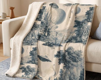UFO Blanket, Retro Space Toile Sherpa Fleece Throw, Mid Century Alien Decor, Cream Blue Sci Fi Blanket