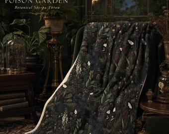Poison Garden Blanket, Gothic Botanical Sherpa Throw, Dark Cottagecore Decor