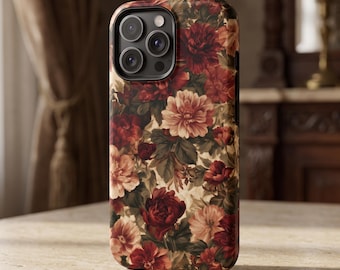 Burgundy Floral Phone Case, Vintage Botanical iPhone Case, Dark Cottagecore Tough Case, Magnetic Samsung Case