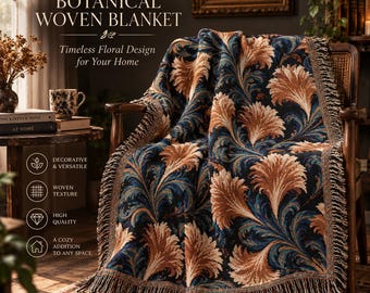 Vintage Floral Woven Blanket, Dark Academia Throw Blanket, Botanical Tapestry Blanket, Cottagecore Home Decor, Fringed Throw