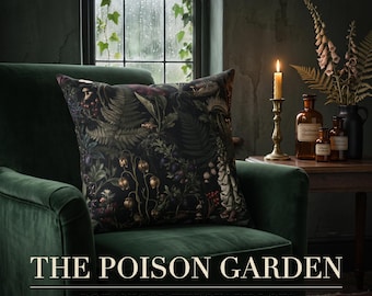 Botanical Throw Pillow, Poison Garden Gothic Pillow, Dark Floral Dark Academia Decor, Green Witchy Cushion
