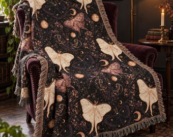Woven Witchy Blanket, Whimsigoth Decor, Moth Blanket, Celestial Tapestry, Dark Academia Throw, Moth Lover Gift