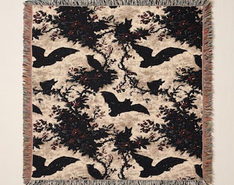 Bat Woven Blanket, Gothic Tapestry Throw, Halloween Whimsigoth Wall Hanging, Cotton Botanical Bat Blanket