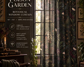 Gothic Curtain Panel, Poison Garden Botanical Window Curtain, Dark Academia Home Decor, Witchy Floral Drape