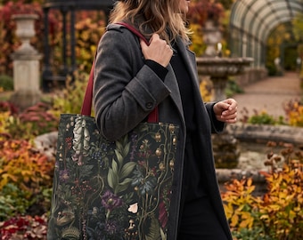 Poison Garden Tote Bag, Gothic Botanical Canvas Tote, Witchy Dark Academia Bag, Spooky Plant Shoulder Bag