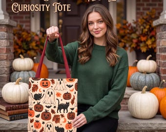 Halloween Tote Bag, Ghost Pumpkin Canvas Tote, Black Cat Spooky Fall Bag, Cute Trick or Treat Shoulder Bag