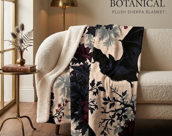 Gothic Bat Blanket, Halloween Sherpa Fleece Throw, Spooky Bat Bedroom Decor, Dark Academia Botanical Blanket