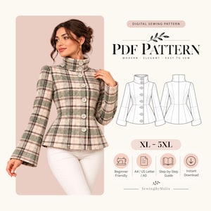 Aveline Jacket Sewing Pattern, Fitted Hourglass Silhouette, Tall Funnel Collar, Digital PDF Pattern, Beginner Friendly, Instant Download