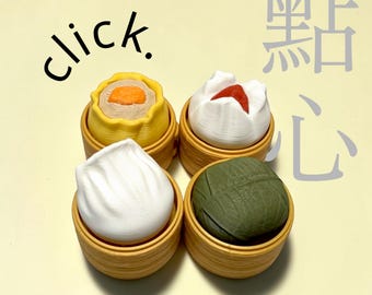 Pack de 4 dim sum clickers, juego de mini juguetes de comida impresos en 3D, regalo para amantes de las empanadillas.