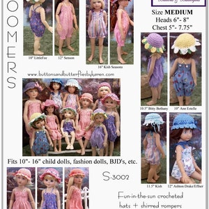 Op de afbeelding: Een haakpatroon voor het maken van hoeden en rompers voor poppen. Het patroon heet "Bloomin' Hats" en is ontworpen voor poppen met een hoofdomtrek van 15 tot 20 cm en een borstomtrek van 13 tot 20 cm. Het patroon bevat instructies voor het maken van een gerimpelde zomerjurk.