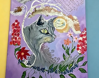 Original acrylic cat painting, Floral moon Music,Collage canvas Art, Mixed Media wall decor.