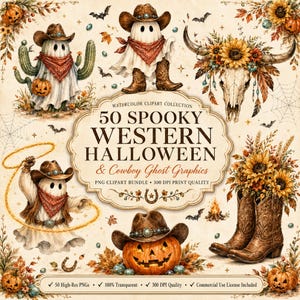 Könnte beinhalten: Eine digitale Sammlung von 50 Spooky Western Halloween and Cowboy Ghost Grafiken mit Aquarellillustrationen von Geistern mit Cowboyhüten und Bandanas, einem Kuhschädel mit Sonnenblumen, Kürbissen und braunen Leder-Cowboystiefeln.