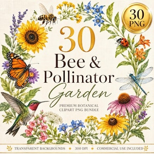 以下が含まれることがあります： 30 Bee & Pollinator Garden Premium Botanical Clipart PNG Bundleというタイトルのデジタルグラフィックコレクション。ヒマワリ、紫の花、オオカバマダラ、ハチ、テントウムシ、ハチドリで構成されたリースが描かれています。