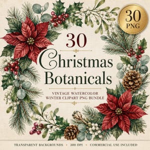 May include: A digital collection of 30 Christmas botanical watercolor illustrations featuring red poinsettias, pine branches, pinecones, holly berries, and mistletoe arranged in a wreath. The text reads 30 Christmas Botanicals.