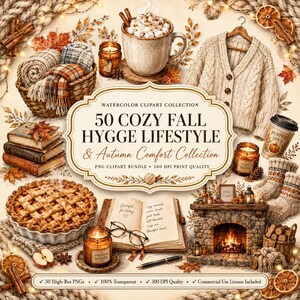 Cozy Fall PNG Clipart Bundle, Autumn Hygge Aesthetic Sublimation Art, Pumpkin Spice Latte Mug, Warm Sweater Reading Book Stack, Rustic Decor