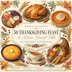 May include: A digital collection of 50 Thanksgiving feast and autumn harvest watercolor illustrations, including a roasted turkey, pumpkin pie, charcuterie board, cornbread in a skillet, gravy boat, and a cornucopia, all arranged with fall foliage.