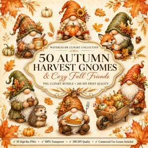 Può includere: Una collezione digitale di 50 gnomi del raccolto autunnale e amici accoglienti con illustrazioni ad acquerello di gnomi, zucche, volpi, ricci e fogliame autunnale. Il testo centrale recita 50 AUTUMN HARVEST GNOMES & Cozy Fall Friends.