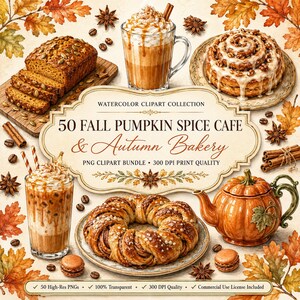 Könnte beinhalten: Eine digitale Aquarell-Clipart-Sammlung mit herbstlichen Café- und Bäckerei-Motiven, darunter ein Brotlaib, Eiskaffee, Zimtschnecken, ein geflochtenes Gebäck und eine Teekanne in Kürbisform, umgeben von herbstlichen Blättern.
