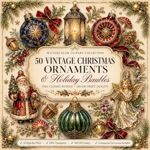 Puede incluir: Una colección digital de 50 adornos navideños vintage y bolas festivas con ilustraciones en acuarela de un Santa Claus, un ángel, un farol, ramas de pino, bellotas, setas y cintas rojas con texto superpuesto en el centro.