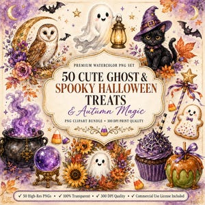 Puede incluir: Una colección digital de 50 ilustraciones de Halloween en acuarela que incluye un fantasma con linterna, un gato negro con sombrero de bruja, un búho, un caldero con humo morado, una bola de cristal, un cupcake, una manzana de caramelo y follaje otoñal.