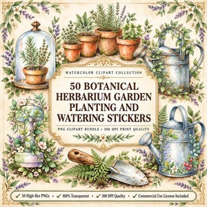 Peut inclure: Une collection numérique de 50 autocollants botaniques de jardinage et d'arrosage avec des illustrations à l'aquarelle d'herbes en pot, d'arrosoirs en métal, d'une pelle de jardin et de verdure florale sur fond crème.